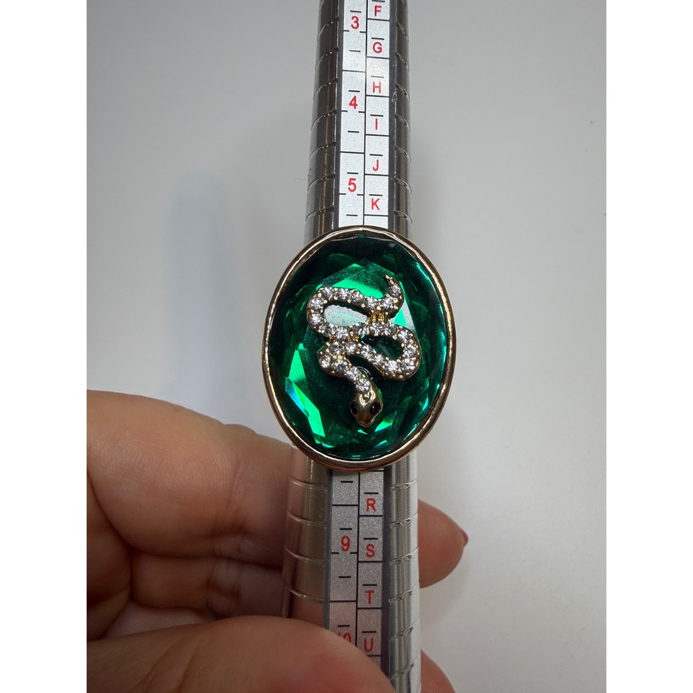 Gold Tone Emerald Green Stone Snake Rhinestone Statement Cocktail Ring Size 14
